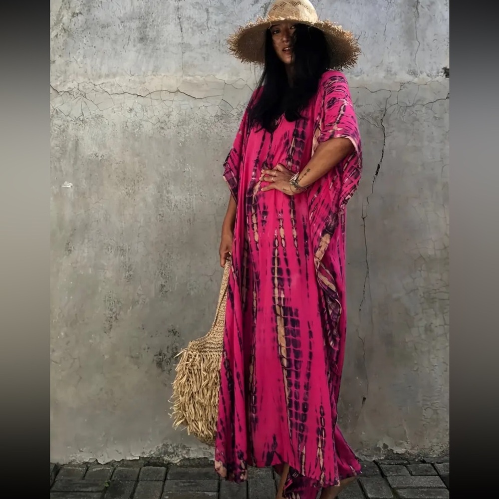 Boho Tie-Dye Pink Maxi Dress - Relaxed Kaftan Style